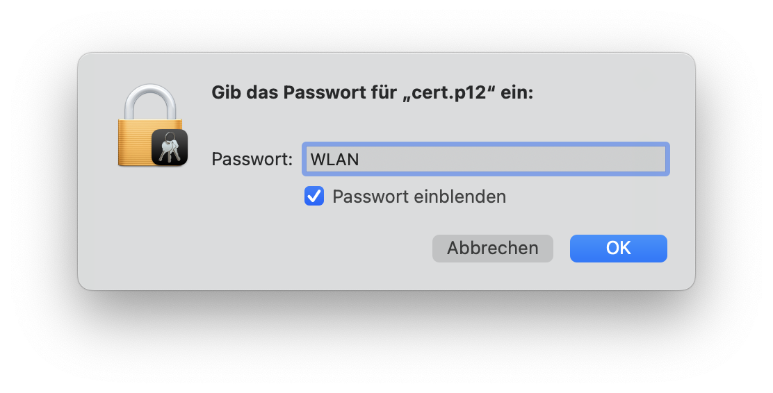 Gib das Passwort für „cert.p12“ ein